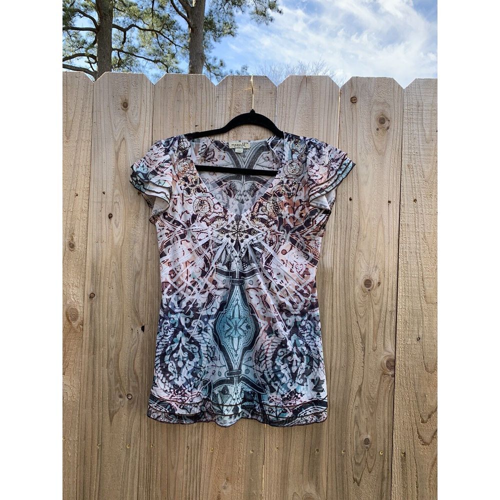 One World Top Womens Petite Medium Boho Hippie Flowy Babydoll Short‎ Sleeve fall